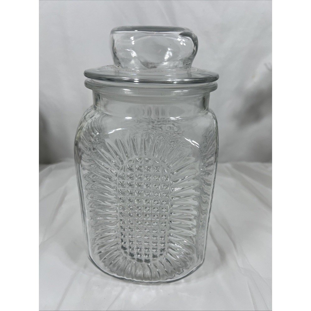 Anchor Hocking Press Glass Sunflower Jar With Lid Starburt Vintage‎